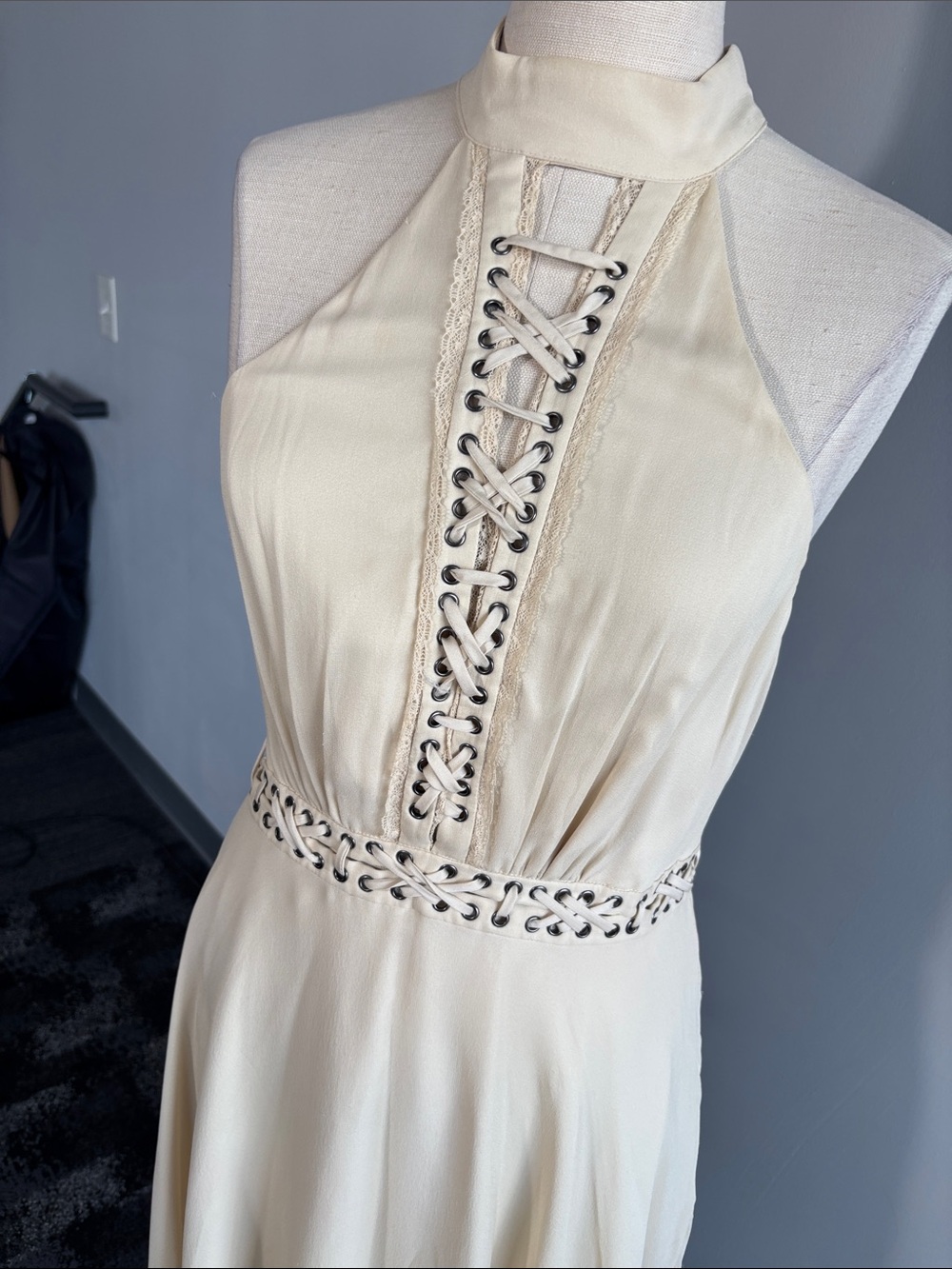 Cream Lace-Up Halter Maxi Dress
